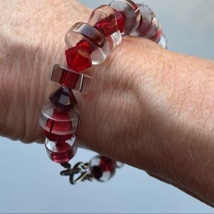 Artisan Boho Ruby Red crystal glass beaded 925 sterling silver bracelet NEW